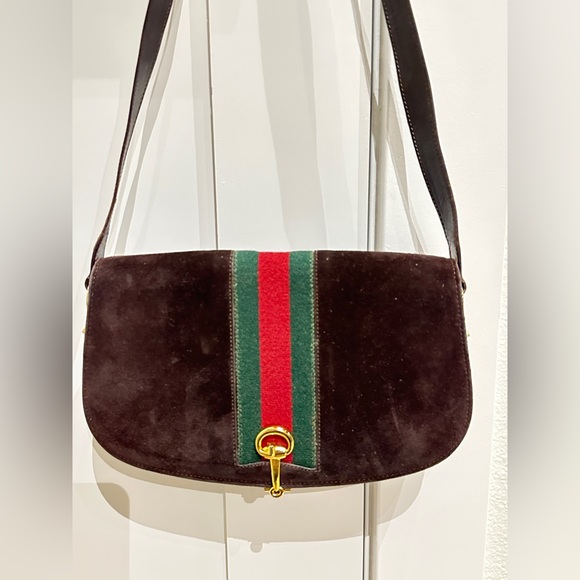 Authentic Vintage Gucci Sherry Line Saddle Shoulder Bag in Dark Brown Suede - Picture 1 of 13